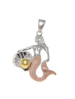 925 Sterling Silver Rose Yellow Gold Tricolor Plated Hawaiian Mermaid with Shell Oyster Pendant Charm