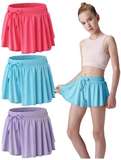 Liberty Pro 3 Pack Girls Flowy Shorts with Spandex Liner 2-in-1 Youth Butterfly Skirts for Fitness, Running, Sports