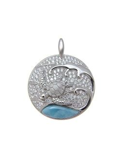 Solid 925 Sterling Silver Genuine Natural larimar Hawaiian sea Turtle cz Pendant