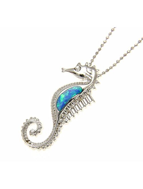 Arthur's Jewelry 925 Sterling Silver Hawaiian Seahorse cz Eye Blue Synthetic Opal Slider Pendant