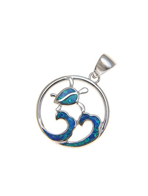 Arthur's Jewelry 925 Sterling Silver Synthetic Opal Hawaiian Ocean Wave Honu Turtle Pendant 19.60mm