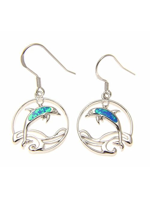 Arthur'S Jewelry 925 Sterling silver Hawaiian circle wave dolphin blue synthetic opal hook wire earrings