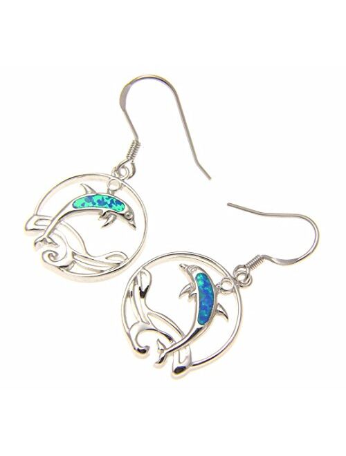 Arthur'S Jewelry 925 Sterling silver Hawaiian circle wave dolphin blue synthetic opal hook wire earrings