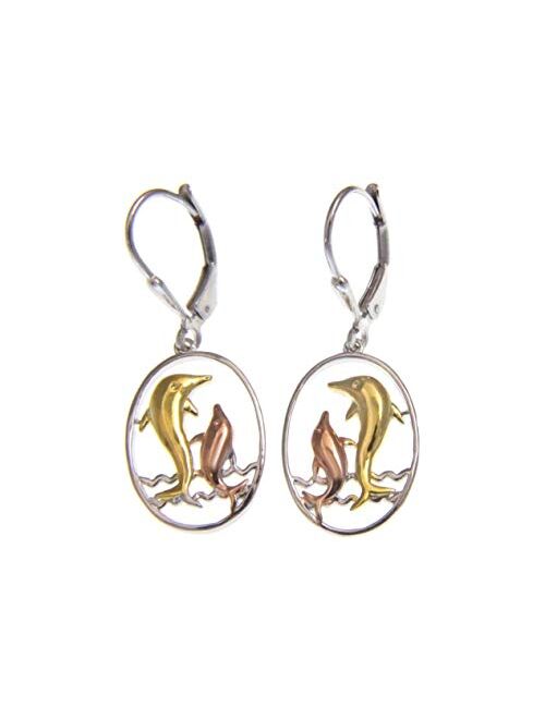 Arthur'S Jewelry 925 Sterling Silver Hawaiian Tricolor Dolphin in Oval Wave Leverback Earrings