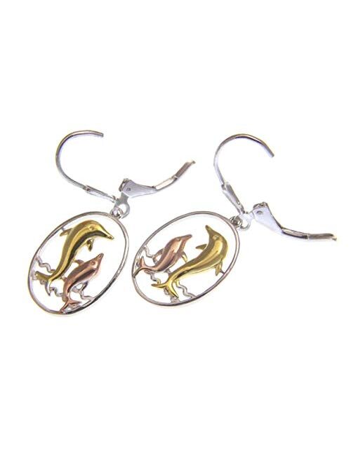 Arthur'S Jewelry 925 Sterling Silver Hawaiian Tricolor Dolphin in Oval Wave Leverback Earrings