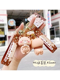 HSYHERE Men Women Creative Interesting Lover Valentine Milk Tea Bubble Tea Bear Keychain Keyring Key Chain Key Ring