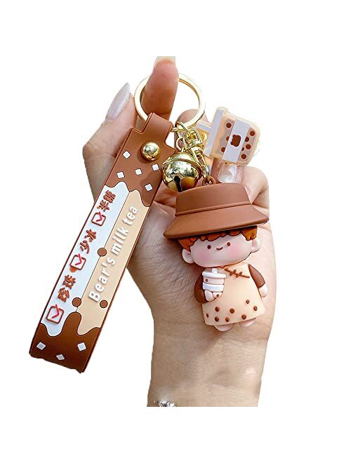 HSYHERE Men Women Creative Interesting Lover Valentine Milk Tea Bubble Tea Bear Keychain Keyring Key Chain Key Ring