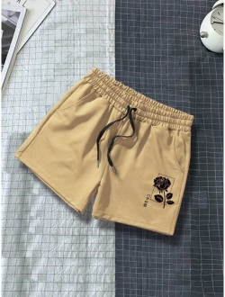 Men Rose Print Drawstring Waist Shorts