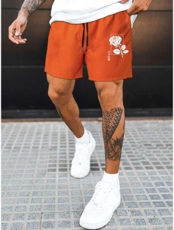 Men Rose Print Drawstring Waist Shorts