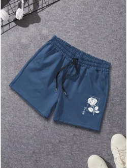 Men Rose Print Drawstring Waist Shorts