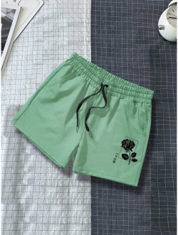 Men Rose Print Drawstring Waist Shorts