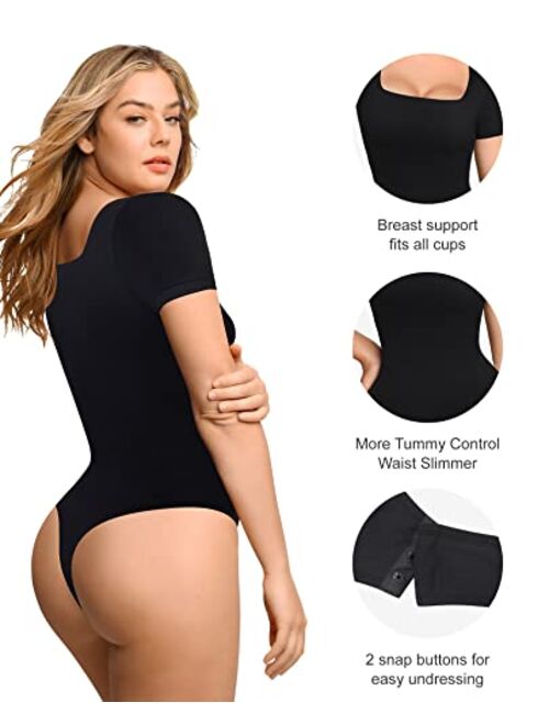 Popilush Square Neck Bodysuit for Women Long Sleeve Thong Shapewear Built In Bra Basic Jumpsuit Clothing Black/Brown