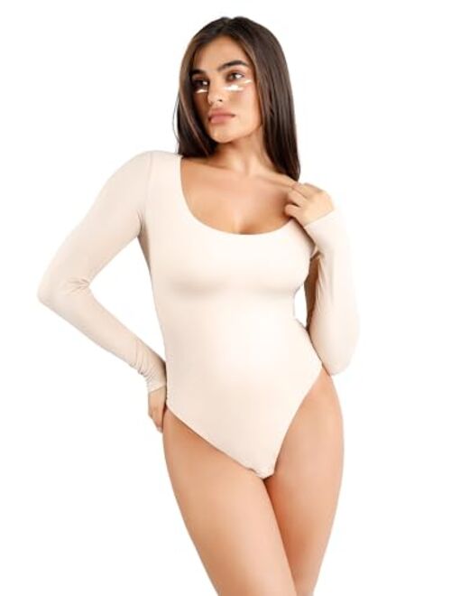 Popilush Square Neck Bodysuit for Women Long Sleeve Thong Shapewear Built In Bra Basic Jumpsuit Clothing Black/Brown