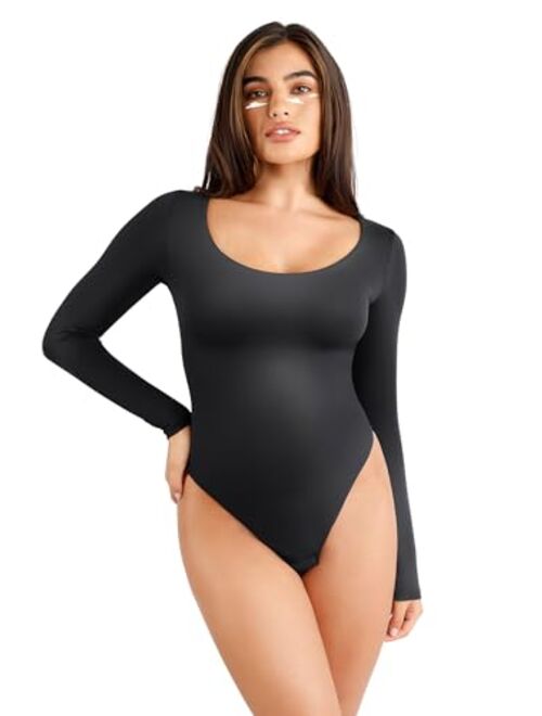 Popilush Square Neck Bodysuit for Women Long Sleeve Thong Shapewear Built In Bra Basic Jumpsuit Clothing Black/Brown