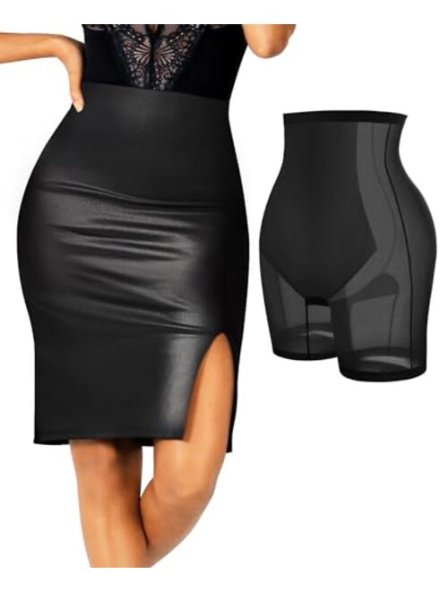 Popilush Black Shaper Faux Leather Skirts for Women Bodycon Midi Skirt with Built in Shapewear Tummy Control