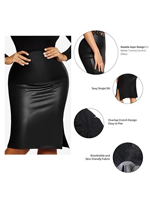 Popilush Black Shaper Faux Leather Skirts for Women Bodycon Midi Skirt with Built in Shapewear Tummy Control