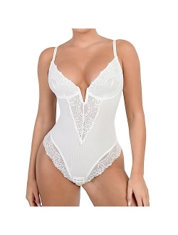 Popilush Lace Shapewear Bodysuit Women Tummy Control Backless Tank Tops V Neck Body Suit Thongs