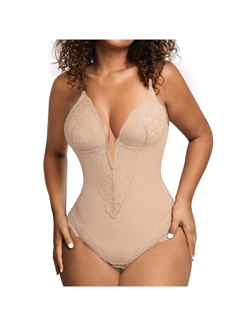 Popilush Lace Shapewear Bodysuit Women Tummy Control Backless Tank Tops V Neck Body Suit Thongs