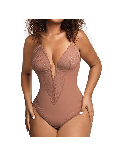 Popilush Lace Shapewear Bodysuit Women Tummy Control Backless Tank Tops V Neck Body Suit Thongs