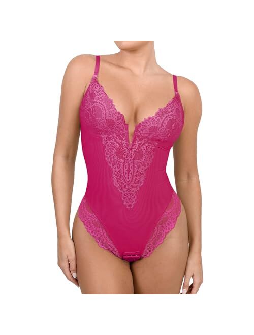 Popilush Lace Shapewear Bodysuit Women Tummy Control Backless Tank Tops V Neck Body Suit Thongs