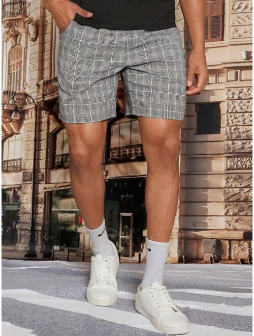 Men Houndstooth Print Drawstring Waist Shorts