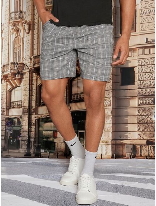 Men Houndstooth Print Drawstring Waist Shorts