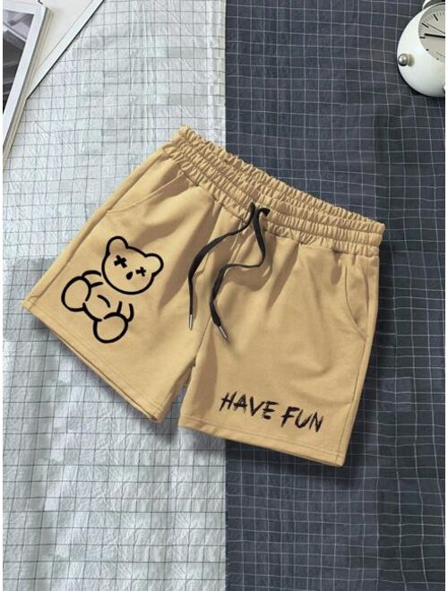 Men Slogan Cartoon Graphic Drawstring Waist Shorts