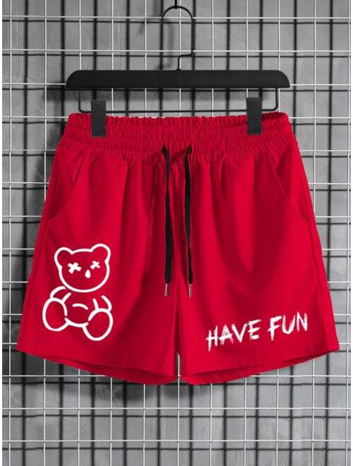 Men Slogan Cartoon Graphic Drawstring Waist Shorts