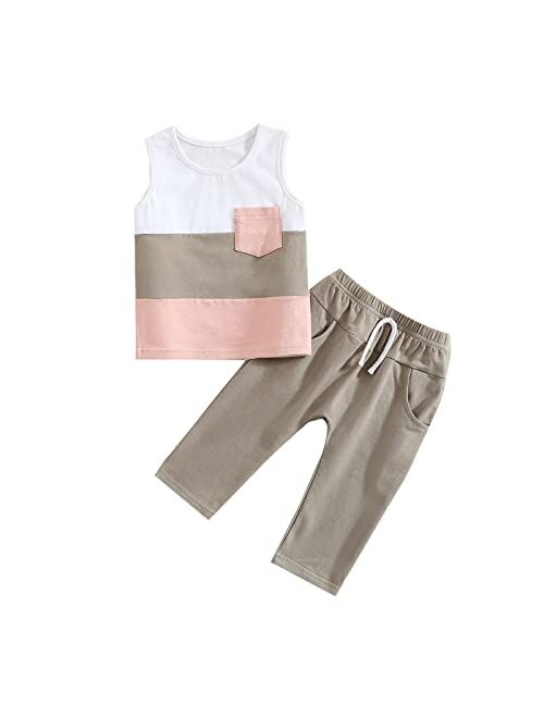 YINGISFITM 2Pcs Baby Boy Summer Clothing Cute Patchwork T-Shirt Sleeveless Tank Tops Jogger Shorts Outfits