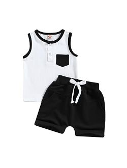 Yingisfitm Toddler Boy Clothes Summer Cotton Sleeveless Shirt Tank Top Solid Color Shorts Cute Infant Baby Boy Outfit Set