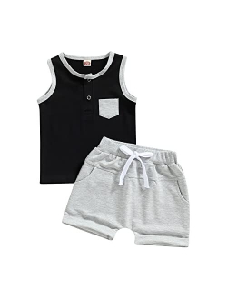 Yingisfitm Toddler Boy Clothes Summer Cotton Sleeveless Shirt Tank Top Solid Color Shorts Cute Infant Baby Boy Outfit Set