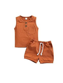 Yingisfitm Toddler Baby Boy Clothes Summer Cotton Sleeveless Shirt Tank Top Solid Color Shorts Cute Toddler Boy Outfit Set