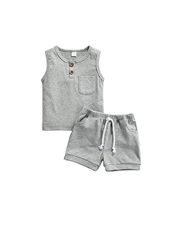 Yingisfitm Toddler Baby Boy Clothes Summer Cotton Sleeveless Shirt Tank Top Solid Color Shorts Cute Toddler Boy Outfit Set