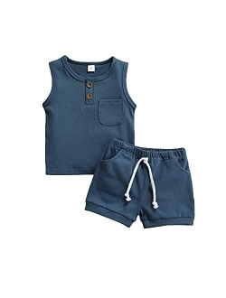 Yingisfitm Toddler Baby Boy Clothes Summer Cotton Sleeveless Shirt Tank Top Solid Color Shorts Cute Toddler Boy Outfit Set