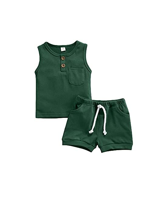 Yingisfitm Toddler Baby Boy Clothes Summer Cotton Sleeveless Shirt Tank Top Solid Color Shorts Cute Toddler Boy Outfit Set