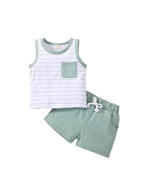 Yingisfitm Toddler Boy Clothes Summer Cotton Sleeveless Shirt Tank Top Solid Color Shorts Cute Infant Baby Boy Outfit Set