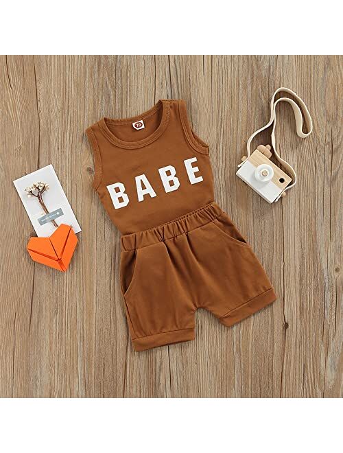 Yingisfitm Baby Boy Summer Clothes Shorts Outfits Set Babe Letter Tank Top Sleeveless Shirts+Pocket Shorts Beach Clothing