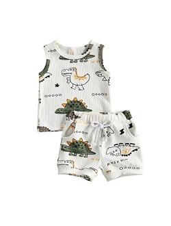 Yingisfitm 2Pcs Baby Boys Summer Clothing Sets Dinosaur Clothes Cute Letters Print Sleeveless Tank Tops T-Shirt+Palm Shorts Outfits