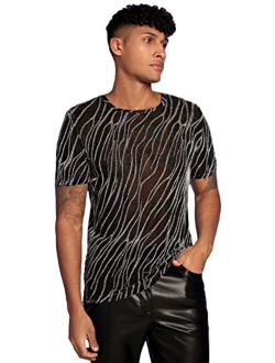 Men's Rhinestone Sheer Mesh Short Sleeve Clubwear Party Tee Shirt