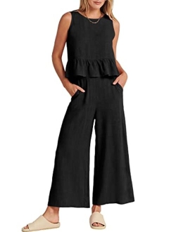 Women's Summer 2 Piece Outfits Sleeveless Ruffle Tank Crop Top & Wide Leg Pants Lounge Set with Pockets