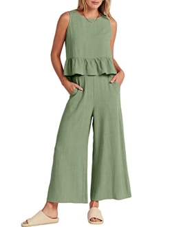 Women's Summer 2 Piece Outfits Sleeveless Ruffle Tank Crop Top & Wide Leg Pants Lounge Set with Pockets