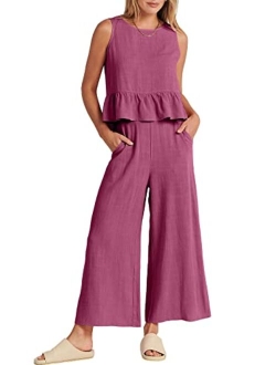 Women's Summer 2 Piece Outfits Sleeveless Ruffle Tank Crop Top & Wide Leg Pants Lounge Set with Pockets