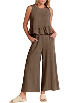 Women's Summer 2 Piece Outfits Sleeveless Ruffle Tank Crop Top & Wide Leg Pants Lounge Set with Pockets