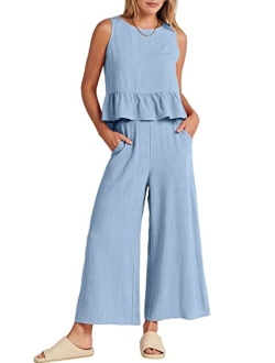 Women's Summer 2 Piece Outfits Sleeveless Ruffle Tank Crop Top & Wide Leg Pants Lounge Set with Pockets