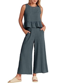 Women's Summer 2 Piece Outfits Sleeveless Ruffle Tank Crop Top & Wide Leg Pants Lounge Set with Pockets