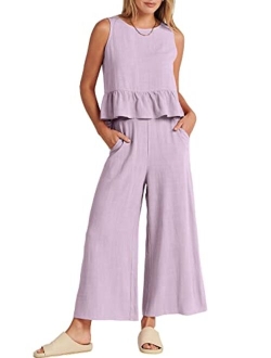 Women's Summer 2 Piece Outfits Sleeveless Ruffle Tank Crop Top & Wide Leg Pants Lounge Set with Pockets