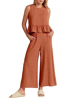 Women's Summer 2 Piece Outfits Sleeveless Ruffle Tank Crop Top & Wide Leg Pants Lounge Set with Pockets