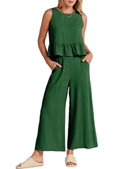 Women's Summer 2 Piece Outfits Sleeveless Ruffle Tank Crop Top & Wide Leg Pants Lounge Set with Pockets