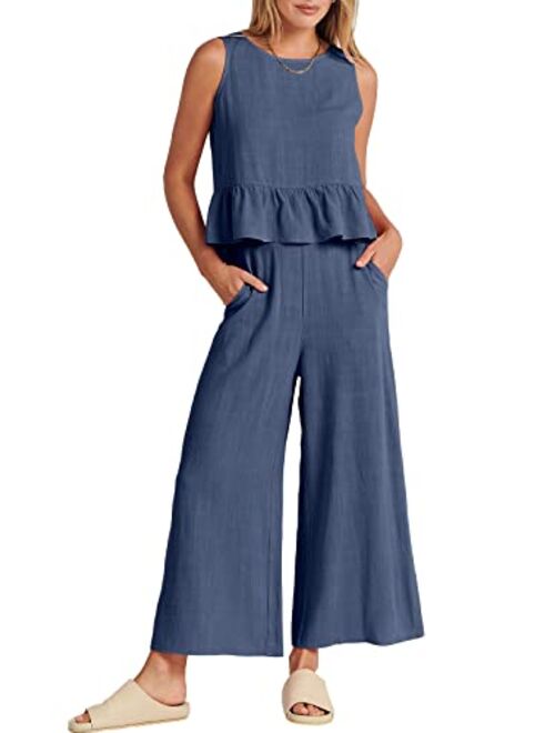 ANRABESS Women's Summer 2 Piece Outfits Sleeveless Ruffle Tank Crop Top & Wide Leg Pants Lounge Set with Pockets