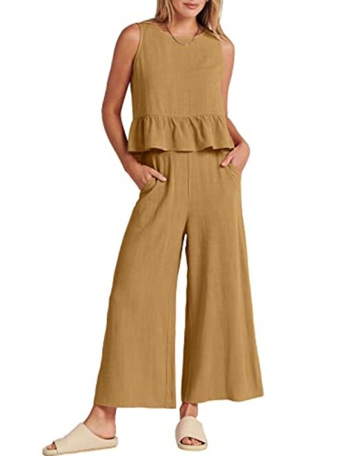 ANRABESS Women's Summer 2 Piece Outfits Sleeveless Ruffle Tank Crop Top & Wide Leg Pants Lounge Set with Pockets